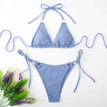 White Ribbed Sexy Bikini Set with Gold Ring Accents