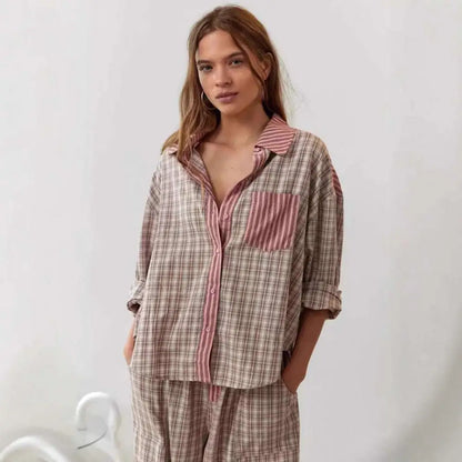 Women's Pink Muted Plaid Shirt Outfit Dressing Gown