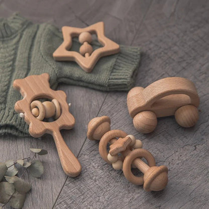 Wooden Baby Rattles Set | Beech Wood Teether and Musical Montessori Toy for Infants