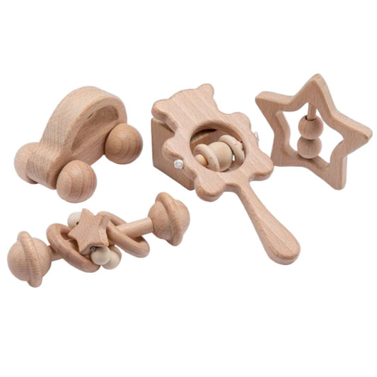 Juego de sonajeros de madera para bebés | Mordedor de madera de haya y juguete musical Montessori para bebés