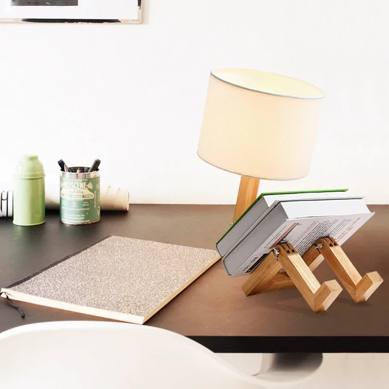Adjustable Wooden Robot Table Lamp E27 Bedside Light with