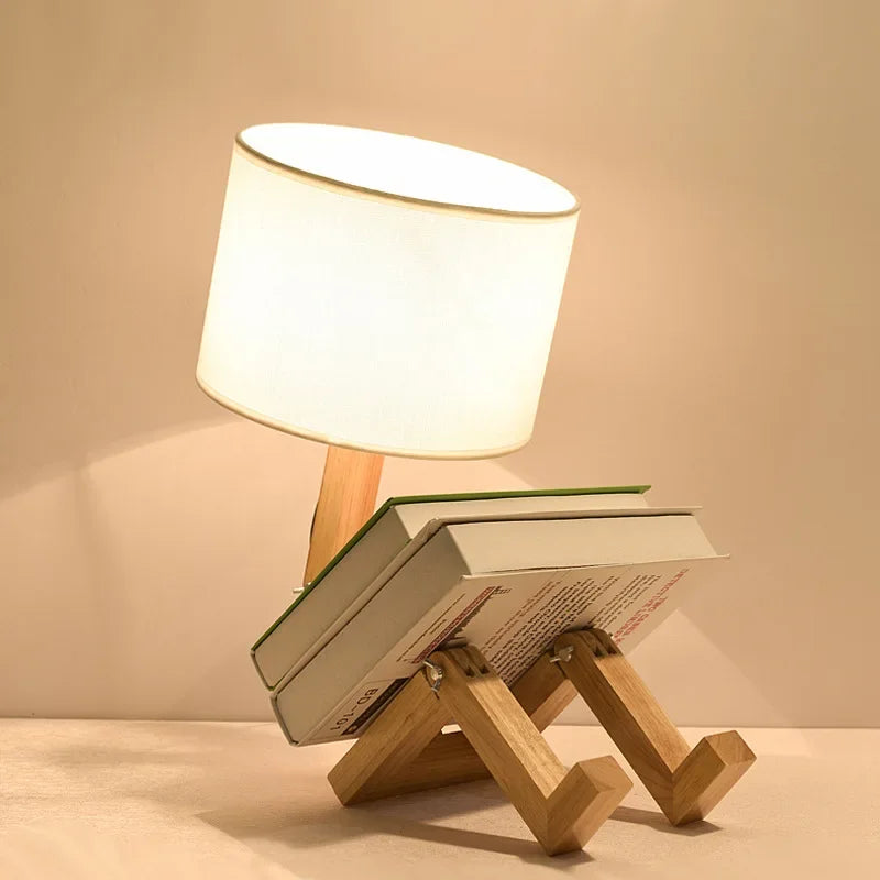 Adjustable Wooden Robot Table Lamp E27 Bedside Light with
